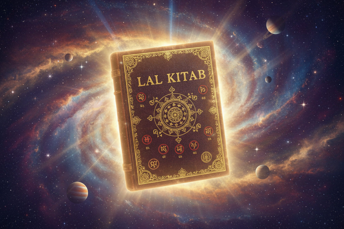 Lal Kitab astrology book with glowing aura, spiritual background